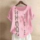 thumbnail image 2 of Blusas de Manga Corta para las Mujeres Impresas Cómodas Sueltas, Cuello Redondo Botón Casual Abajo para el Hogar Y el Uso Diario de la Moda, 2 of 3