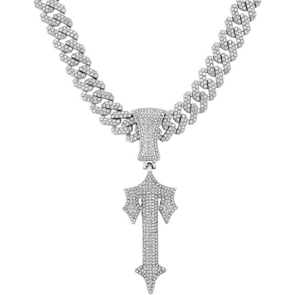 Tilga Hip Hop Cross Sword Necklaces with 12MM 20" Miami Cuban Link Chain, Iced Out Diamond Initial T Pendant Necklace, Alphabet Letter Pendant Choker, Trendy Rapper Jewelry for Men Women