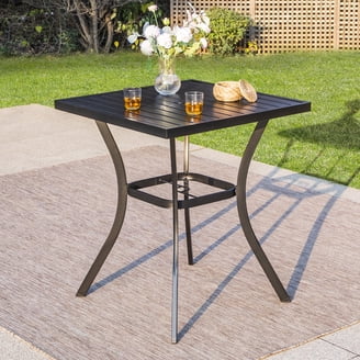 bar height patio table with umbrella hole tempered glass Zimtown Patio Bar Table with Tempered Glass Tabletop Square Outdoor Bar  Height Bistro Table w/ Umbrella Hole, Outdoor Dining Table Black