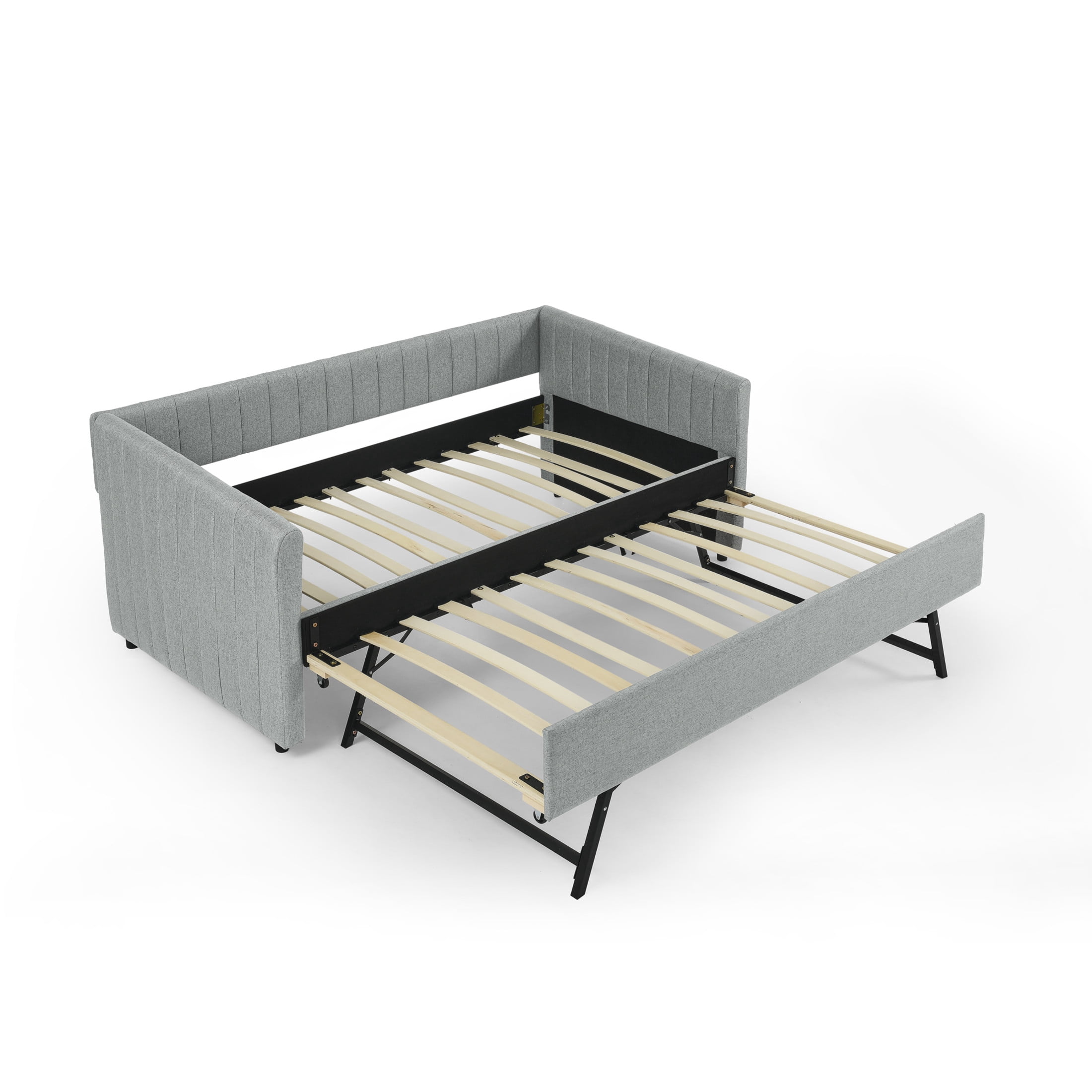 Noble House Marcel Twin-Size Daybed, Vertical Striped Breathable Linen Upholstered Sofa Bed with Hidden Trundle, Grey