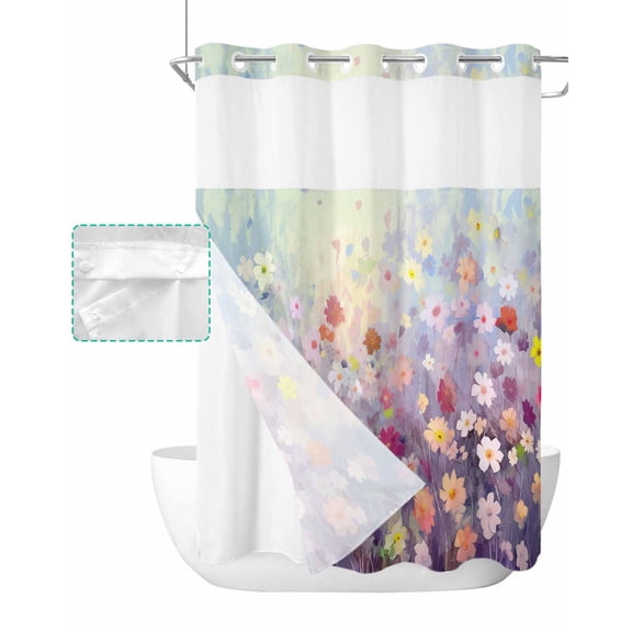 No Hook Shower Curtain with Snap in Liner, Spring Watercolor Blue Flowers Oil Painting Hotel Shower Curtains for Bathroom, Washable Shower Curtain Liner Set with Mesh Top Window, 48"x72"