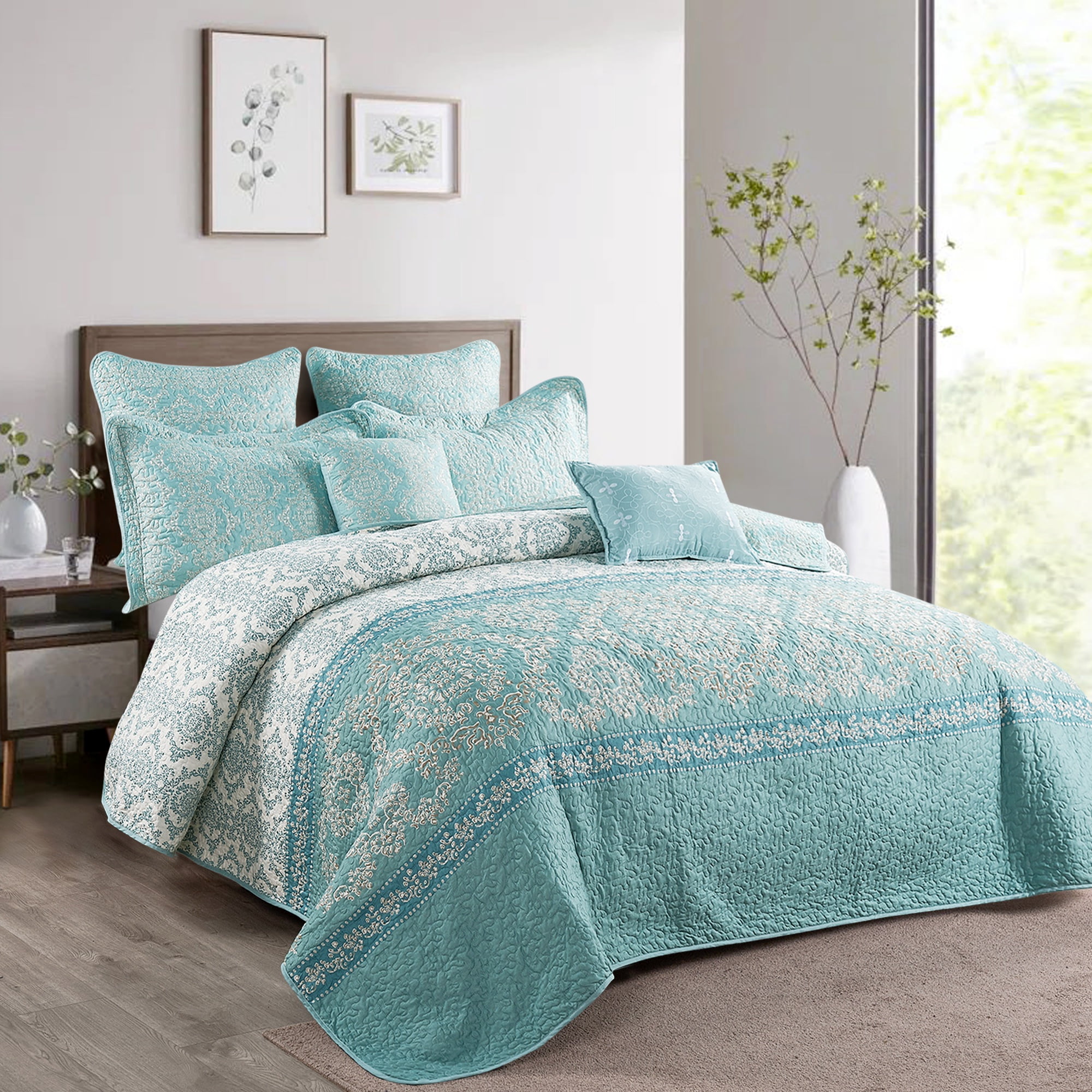 Home Soft Things 7 Piece Printed Microfiber Quilts Bedspread Set - Mystic - Teal/Turquoise - King (102" x 90")