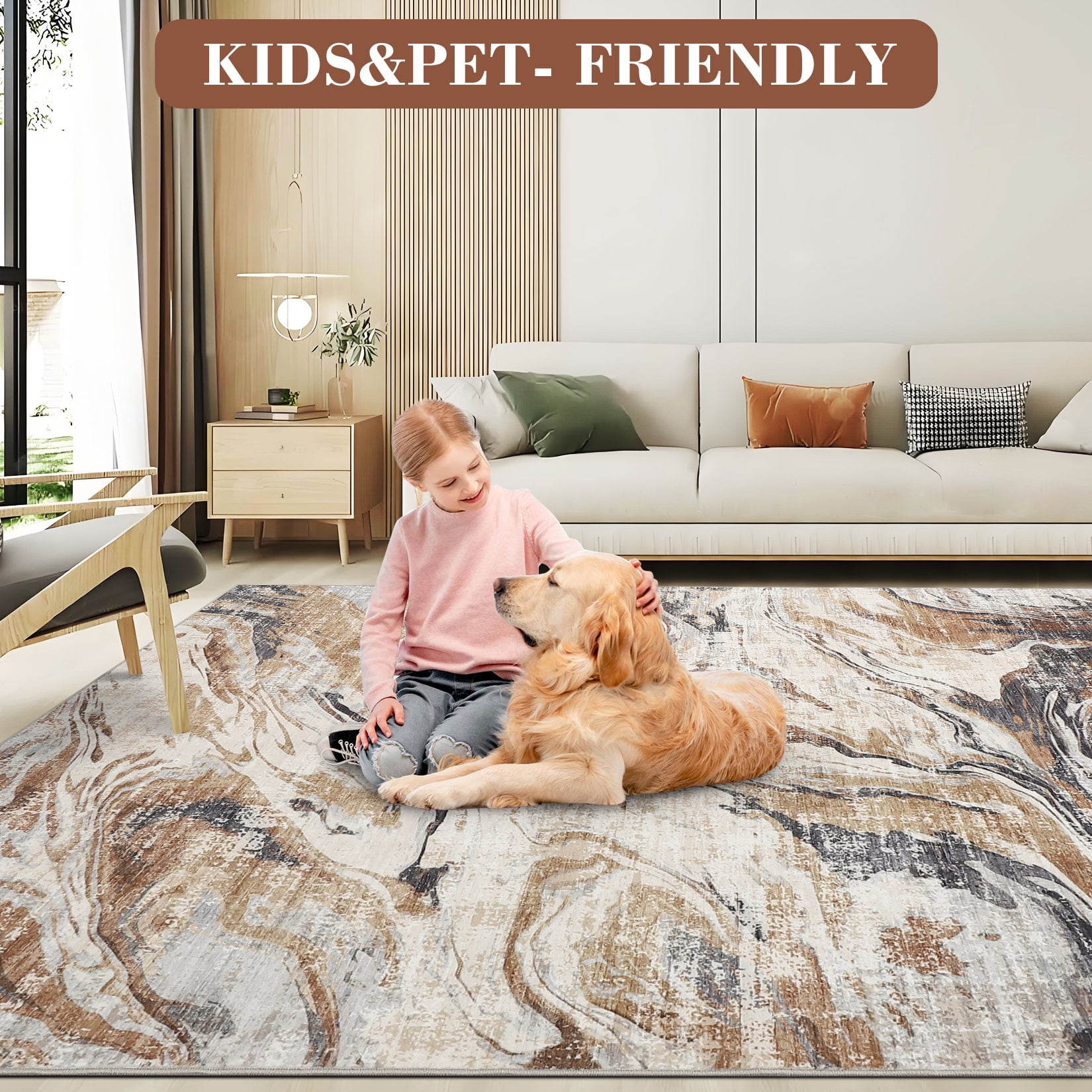 9'x12' Machine Washable Area Rug – Modern Marble Abstract Low Pile Non-Slip Living Room Carpet