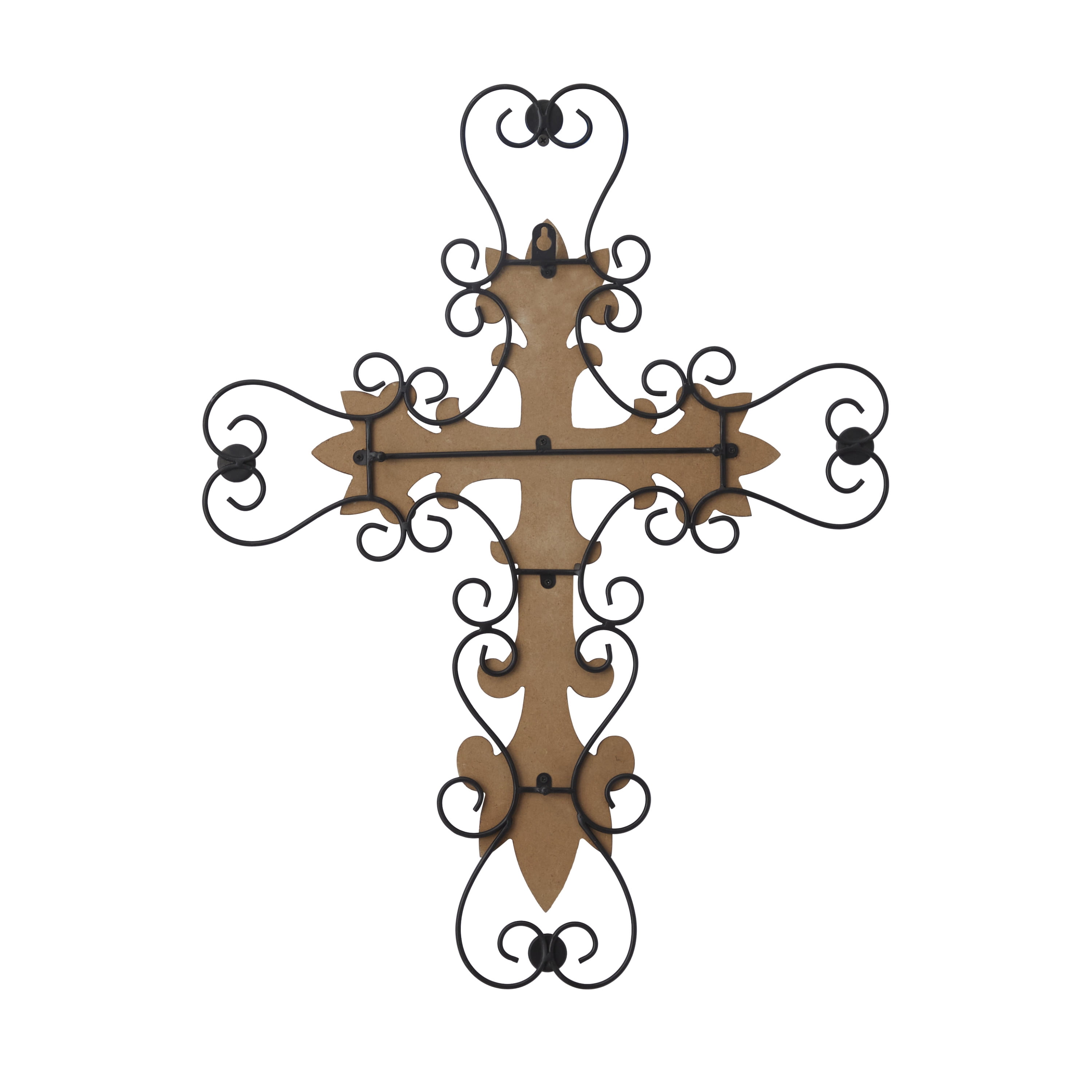 DecMode Brown Wood Carved Cross Cross Wall Decor with Metal Scrollwork