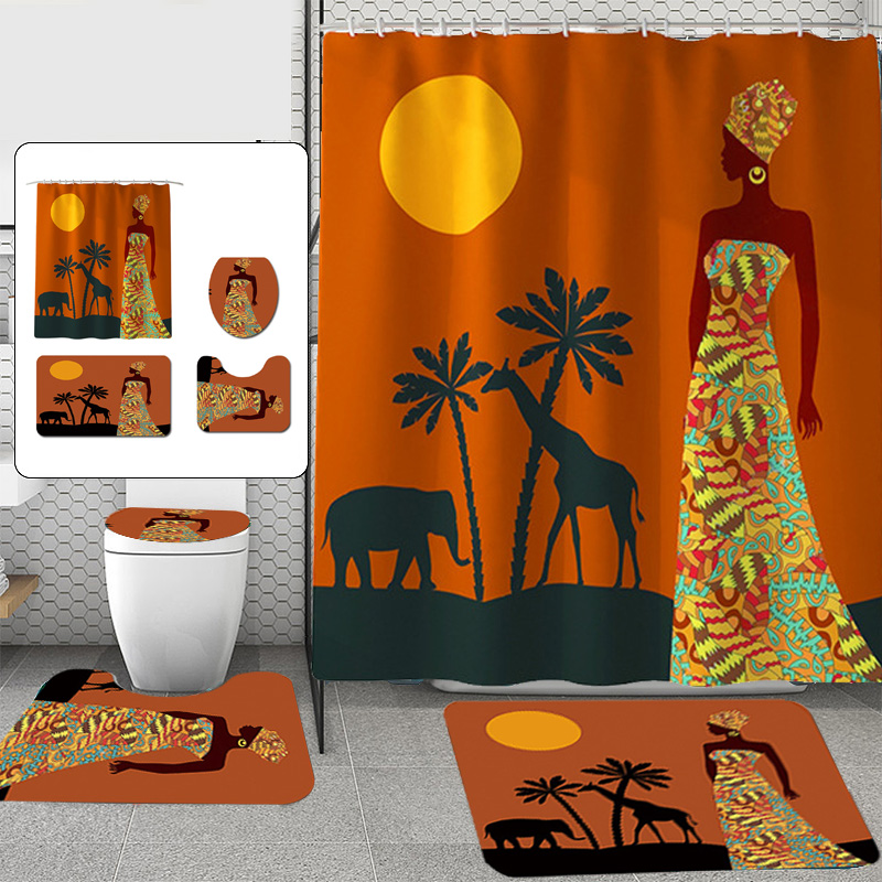 YAZIMAO 4 Piece Bathroom Set,Afro Black Twins African American Women,Black Girl Magic Shower Curtains with Toilet Pad Cover Bath Mat Shower Curtain Set