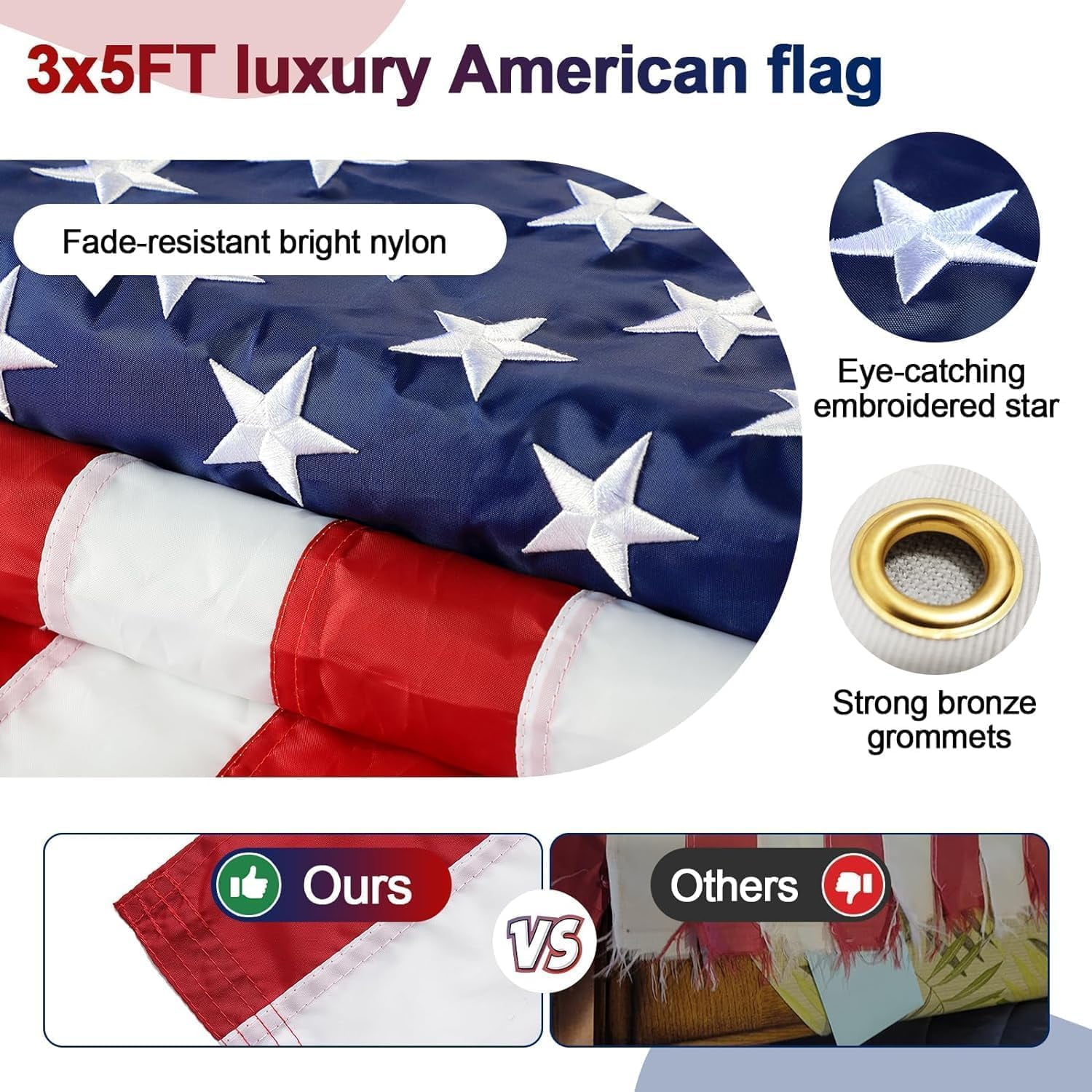 DEROFIT American Flag Pole Kit with 3x5 Embroidered US Flag, includes 6ft Heavy Duty Flagpole, Aluminum Bracket,for Outside House,Black