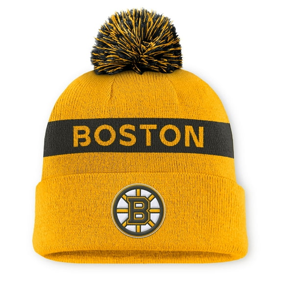 Women's Fanatics Gold/Black Boston Bruins Authentic Pro Rink Cuffed Knit Hat with Pom