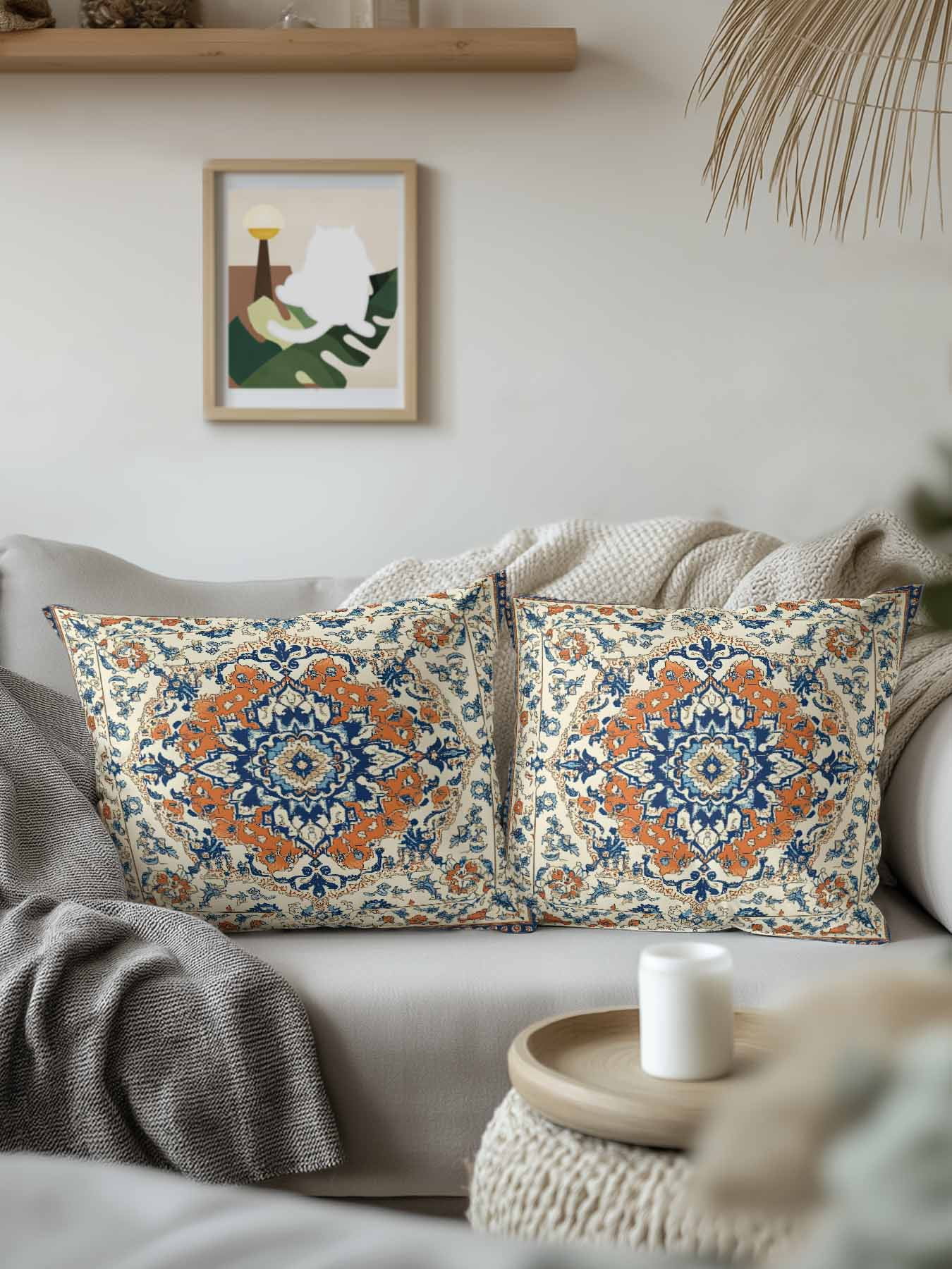 Outdoor Pillows Waterproof, Orange Blue Ethnic Rustic Bedding Throw Pillows with Insert for Couch Sofa Bed, Boho Southwestern Heritage 16x16 Inch Pillowcases Decorative Camping Patio Pillow Set of 1