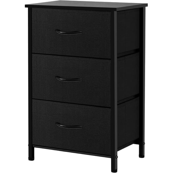 LIFERECORD 3 Drawer Nightstand for Bedroom, Tall Fabric Dresser with Wood Top, Chest of Drawer Organizer Storage Cabinet, Bedside Table, Black