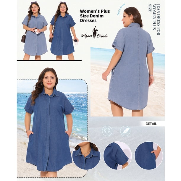 Agnes Orinda Women's Plus Size Jean Denim Dress Lapel Short Sleeve Button  Down Curved Hem Casual A Line Midi Dresses with Pockets 1X Blue - Walmart  Business Supplies