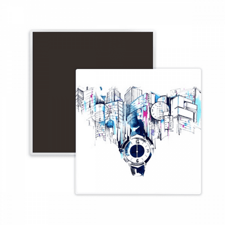 

City Modern Building Clock Watercolor Square Ceracs Fridge Magnet Keepsake Memento