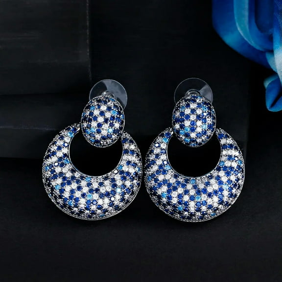 Royal Blue Pave Settings CZ Women Big Wide Round Drop Earring Black Gold Jewelry