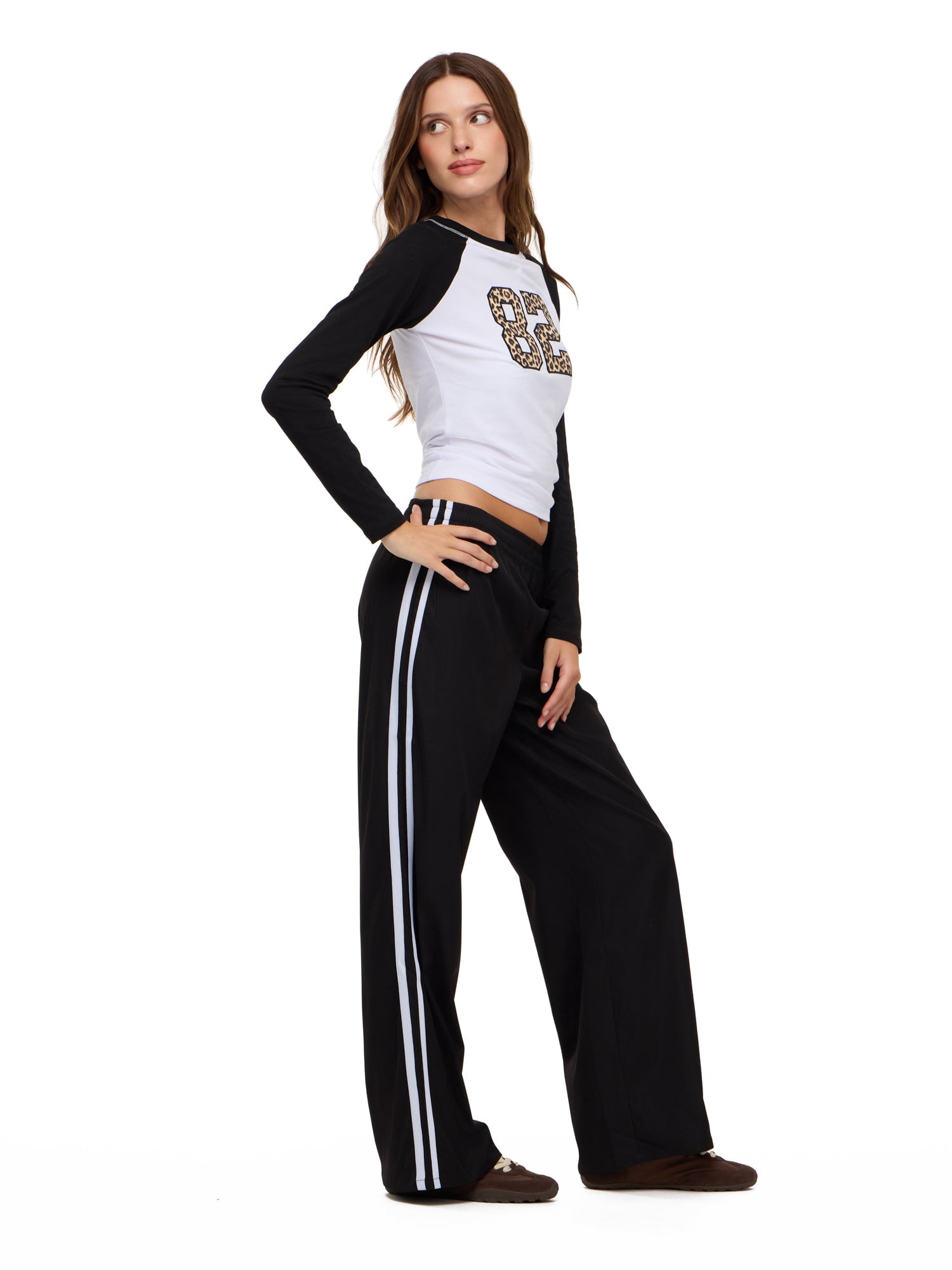 Forever 21 Women's Wide Leg Track Pants with Side Stripes, 100% Polyester Casual Athletic Lounge Pants, Black, XXS-XXL