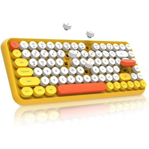 Wireless Bluetooth Typewriter Keyboard With Compact 84 Keys Cute Retro Round Keycaps - Comfortable Ergonomic Design For Windows Ios Android (Yellow)