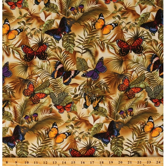 Cotton Butterflies Nature Rainforest Tan Cotton Fabric Print by the Yard (RAIN-C3581)