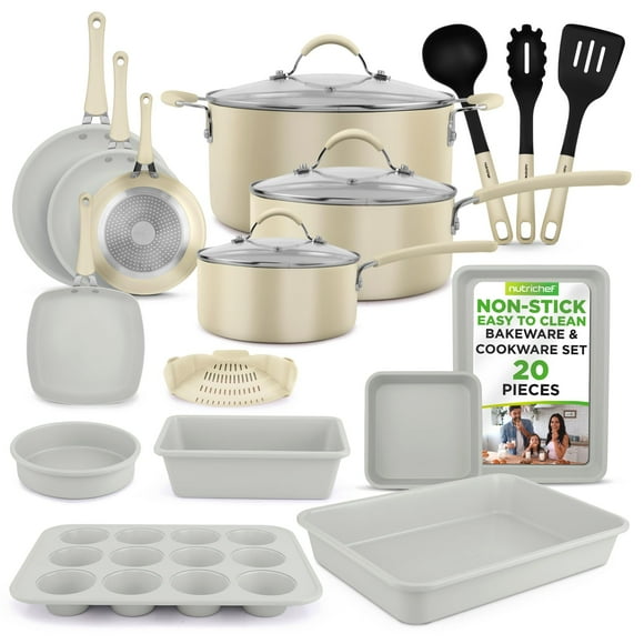 Juego de utensilios de cocina y horno NutriChef, 20 piezas, antiadherentes, color blanco