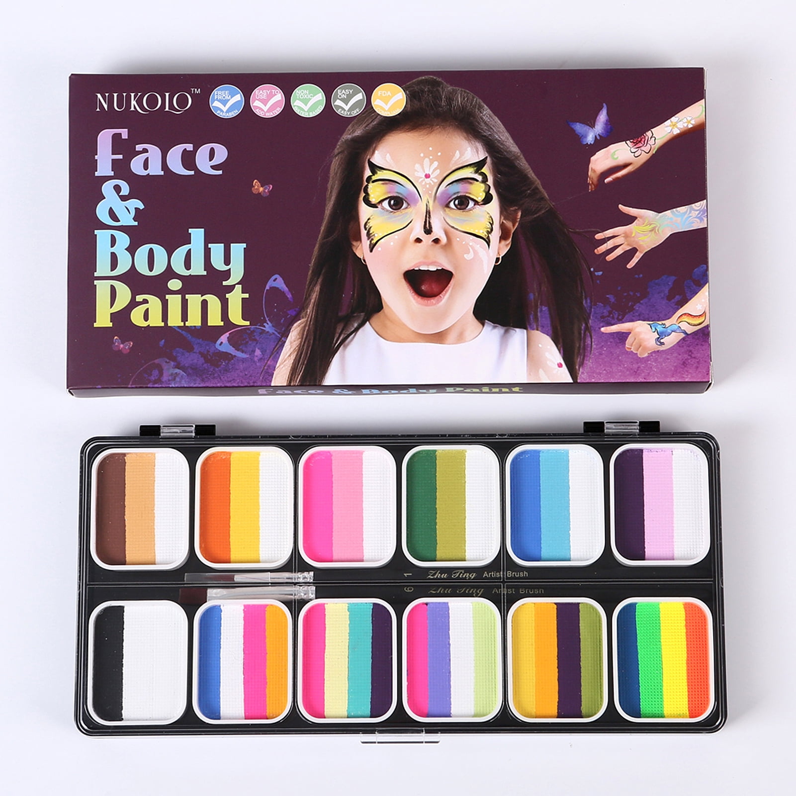 Cosmetic cream,Set Professional Split 8 Paintbrushes 10 With 8 Paintbrushes Water And Body Split Cakes With Colors Set Professional Paint Palette Set 10 Stencils 2 Non-toxic Water