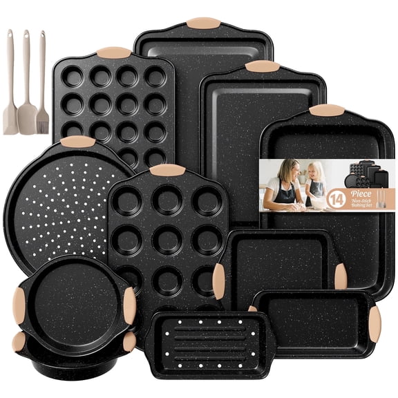 Slow Slog Nonstick Bakeware Set, 14-Piece Baking Pans Set, Stackable Baking Sheet Pans with Silicone Handles, Khaki&Black