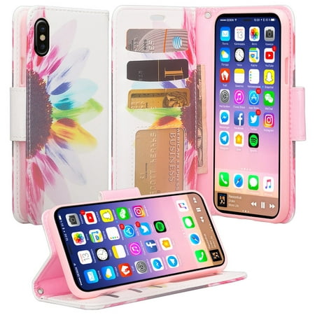 Apple iPhone Xs/iPhone X Case, Leather Wallet Case Kickstand Phone Case for iPhone Xs 2018/iPhone X Phone Case - Sun Flower