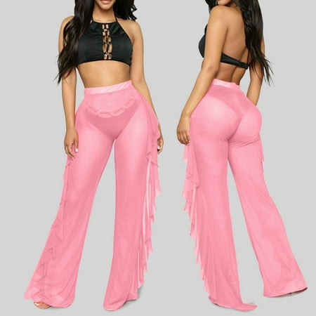 SNKSDGM Women s Plus Work Pants Women Plus Size Stretch Women s Pants Black Women Mesh Ruffle Trim Cover up Pants Beach Cover up Wrap Bikini Shiny Wraps Cover Ups for Swimwear Pants