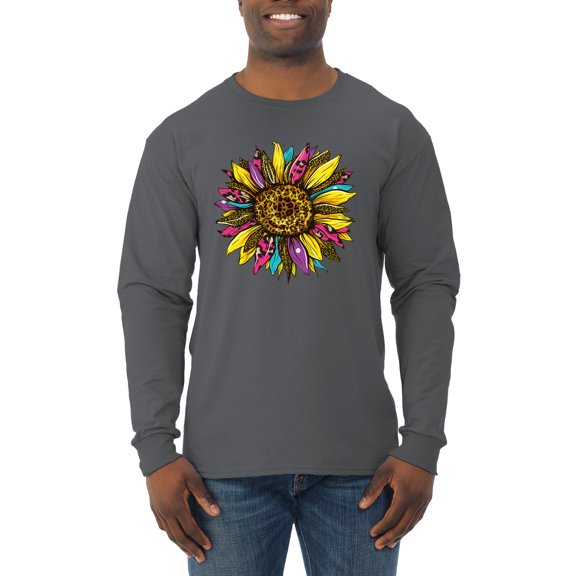 Sunflower Animal Print Fashion Mens Long Sleeve Shirt, Charcoal, Large