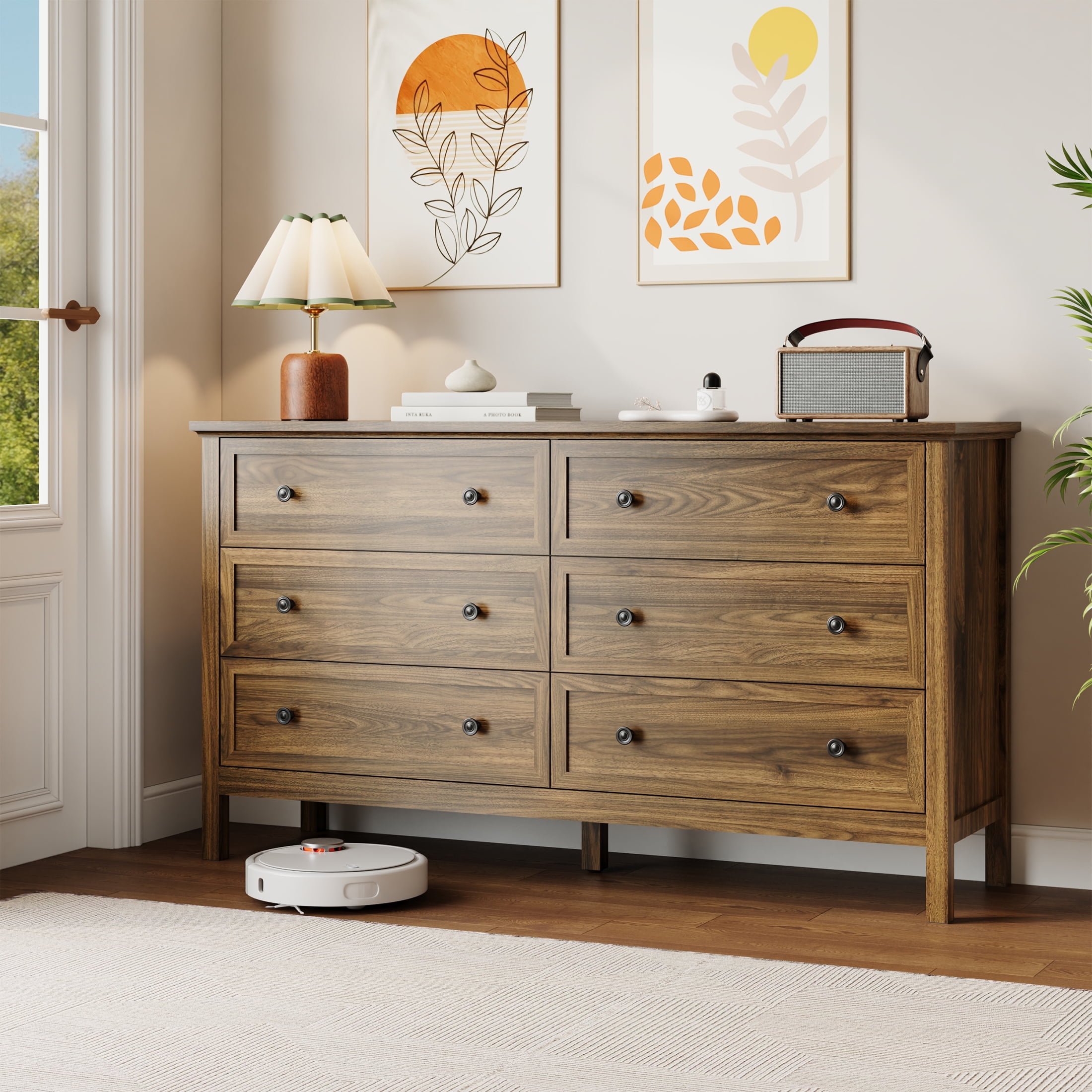 YouTrend Brown Large Dresser with 6 Drawer for Bedroom,Traditional Adult Chest of Drawers with Golden Handles for Living Room,Hallway