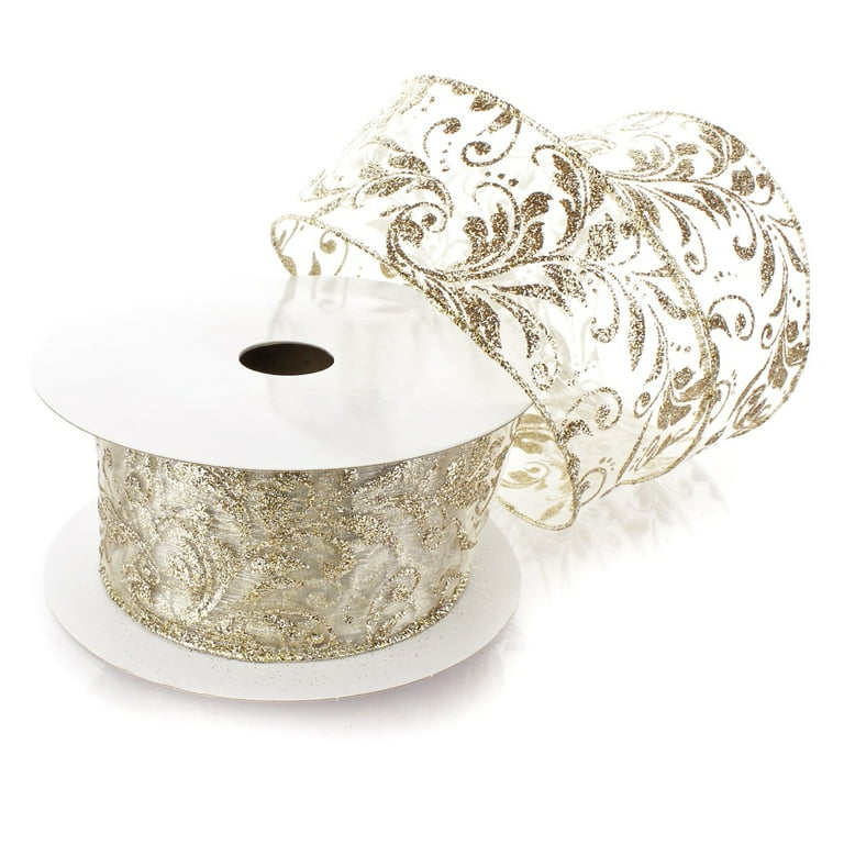 Large Sheer Gold Ribbon With Gold Glitter Swirls and Sheer Red