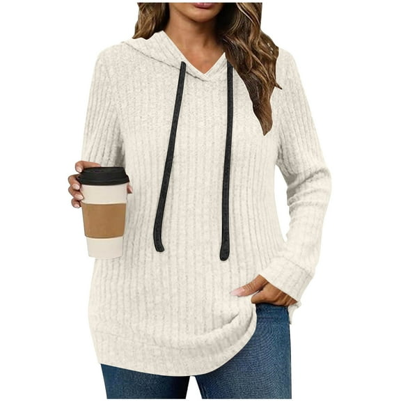 LEBONYARD Women's Fashion Drawstring Round Neck Hooded Groove Style Pullover Sweatshirts Casual Solid Colored Long Sleeve Loose Warm Fit Sweatshirts