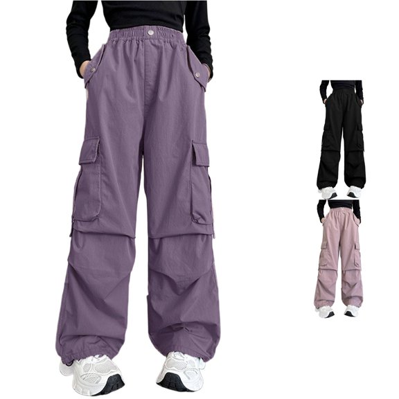 RUTAYY Girls Cargo Pants Elastic Waist Multi Pockets Drawstring Hem Trousers Hiking Casual Wear Purple