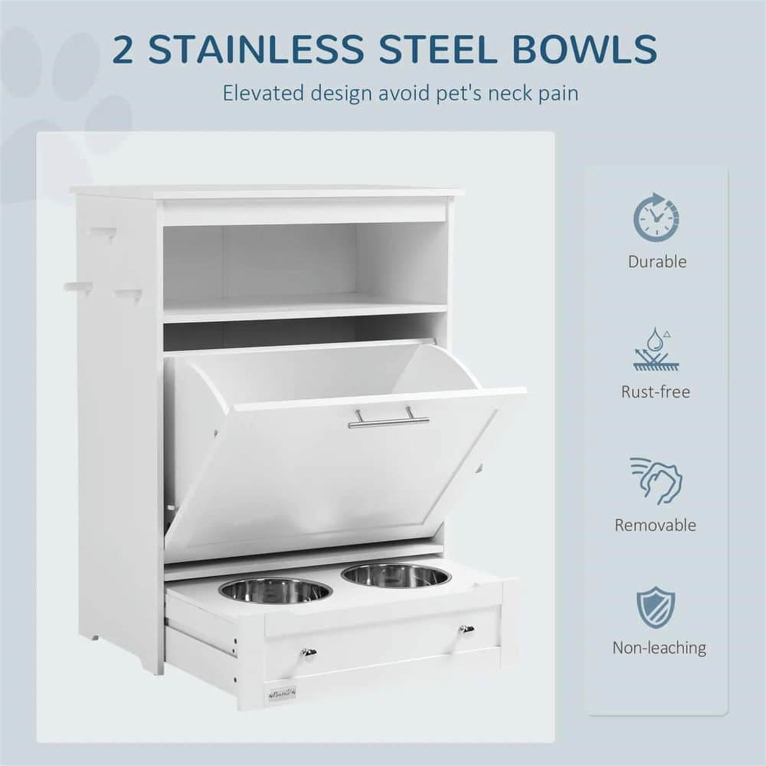Kadyn Pet Feeder Station Cabinet for Indoor Dogs, Large Dog Food Storage Container with Elevated Bowls, Watering Station, White