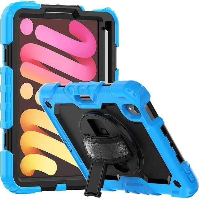 navor Rugged Cover Compatible with iPad Mini 6 (2021), Rotatable Kickstand Shoulder & Hand Strap Shockproof Heavy Duty Protective Case