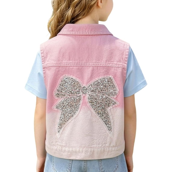 NAISIBABY Girls' Sequin Bow Sleeveless Denim Vest with Lace-Trimmed Pockets, Cute Kids Jean Waistcoat Pink Size 2T