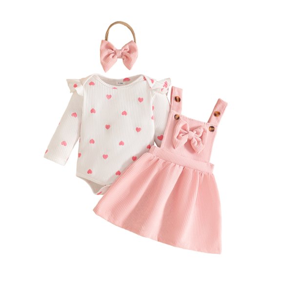 ZHOGXU Baby Girls Heart Printed Outfit Long Sleeve Top Suspender Bowknot Skirts Matching Bow Headband 3PCS Set For Kids,Pink,3-6 Months