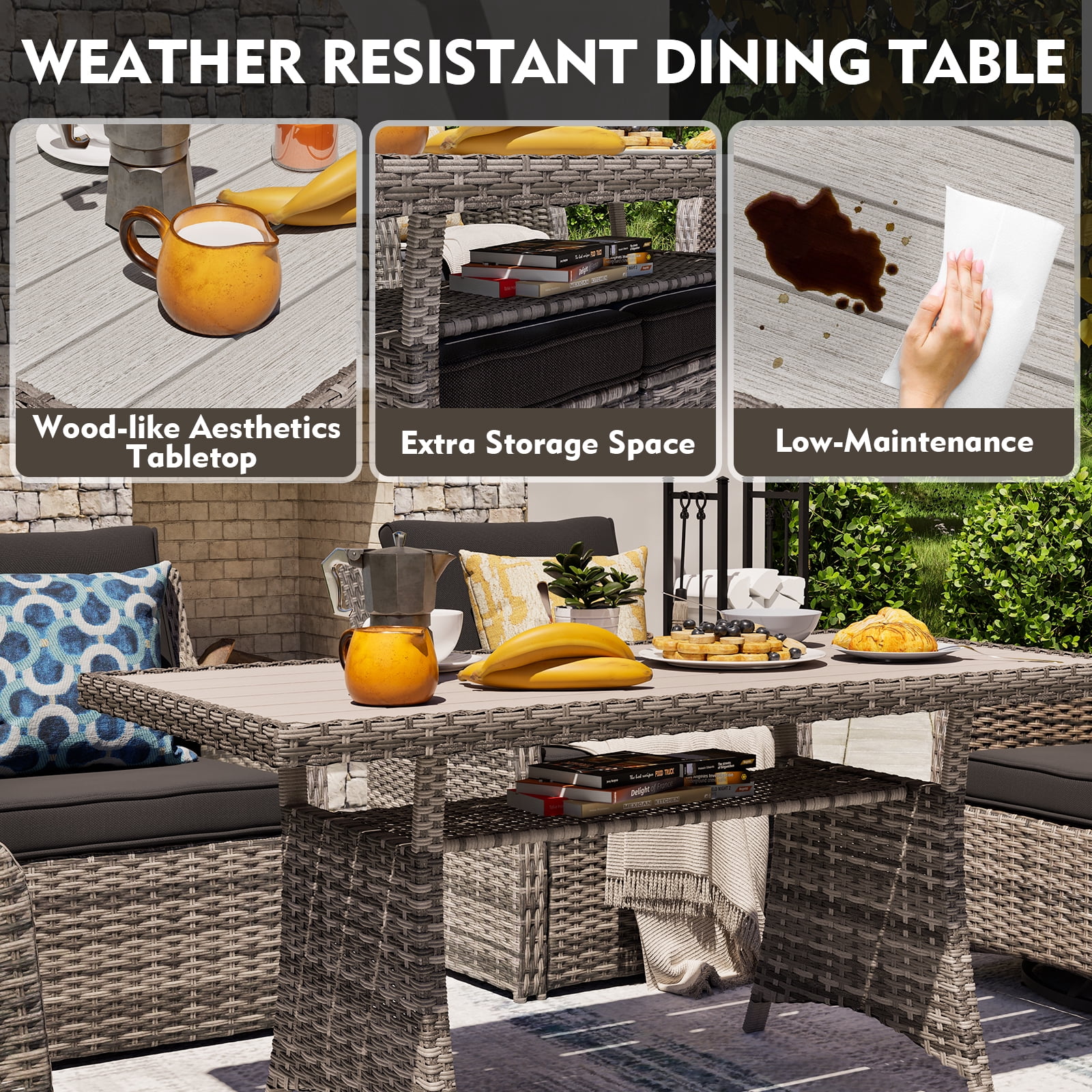 MEISSALIVVE 7 Pieces Patio Furniture Set with Dining Table, Outdoor Wicker Conversation Set with 2-Seat Sofa, Wicker Armrest Swivel Chairs, 2 Ottomans, Black