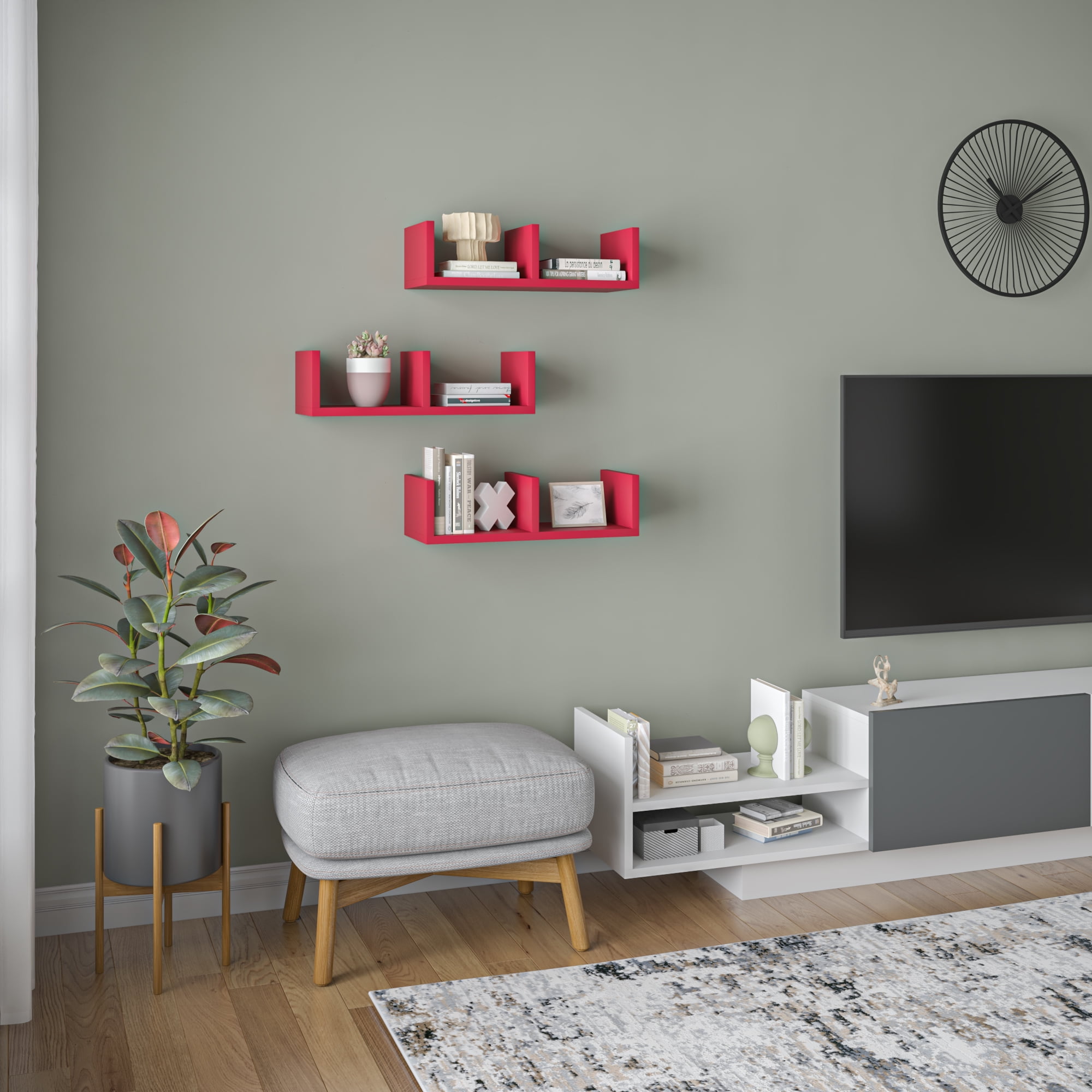 Ada Home Decor Furniture 19.69" 3 Tier Burgundy Waller Modern Wall Shelf