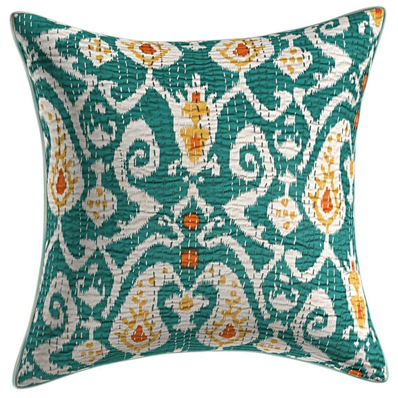 Stylo Culture Indian Couch Throw Pillow Cover 16x16 Kantha Emerald Green Printed 40 x 40 cm Living Room Toss Pillow Case Cotton Ikat Square Cushion Cover | 1 Pc