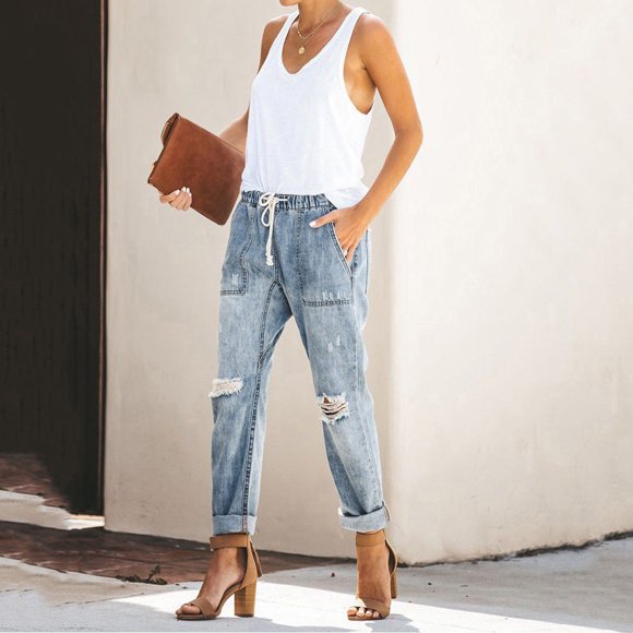 Women Pull-On Distressed Denim Joggers Elastic Waist Stretch Pants