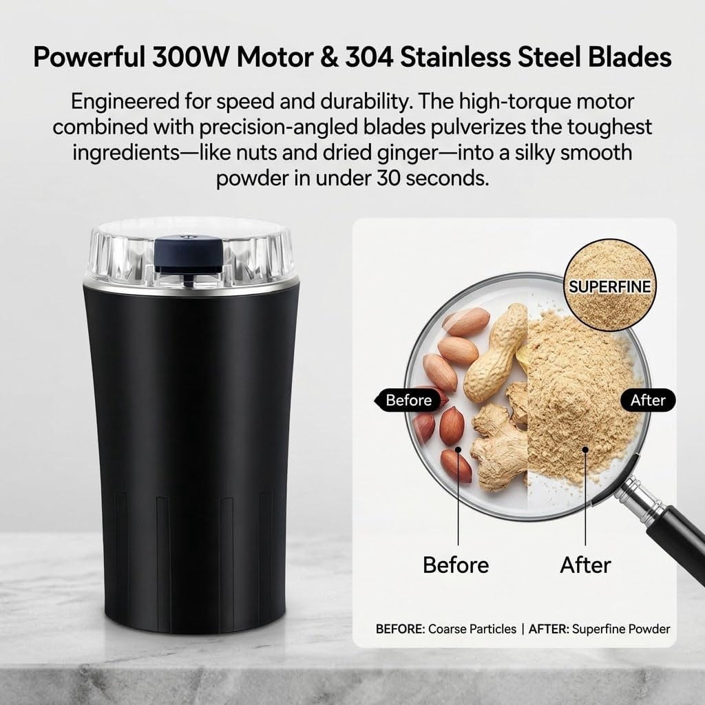 Household Superfine Grinder, Multi-Grain Powdering Machine Electric, 300W High Power Coffee and Spice Grinder with Stainless Steel Blades for Nuts, Seeds, Grains