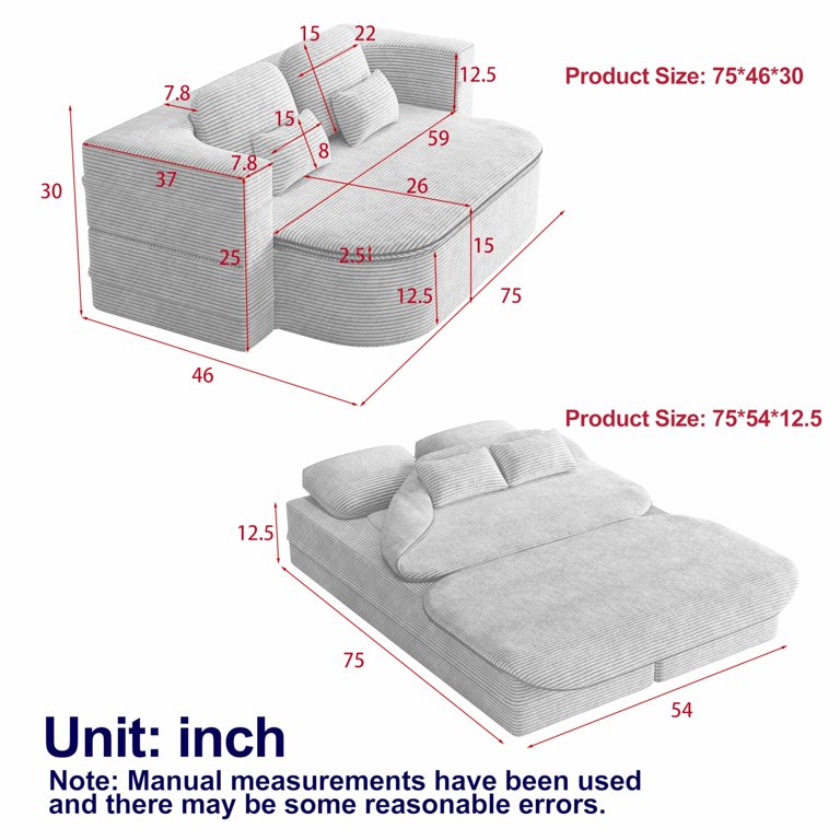75'' Convertible Floor Folding Couch, 2-in-1 Sleeper Sofa Bed with