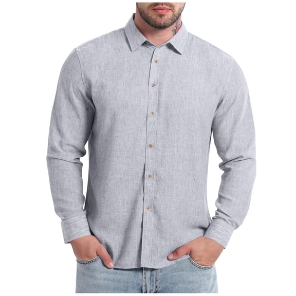 LMOIPLI Men's Linen Casual Bottom Down Shirts Long Sleeve Classic Business Shirt Vintage Dress Beach Vacation Fall Tops Silver XS