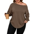 thumbnail image 2 of Plus Size Women Solid Color Long Sleeved Off Shoulder Casual Irregular Hem Shirt Tops, 2 of 6