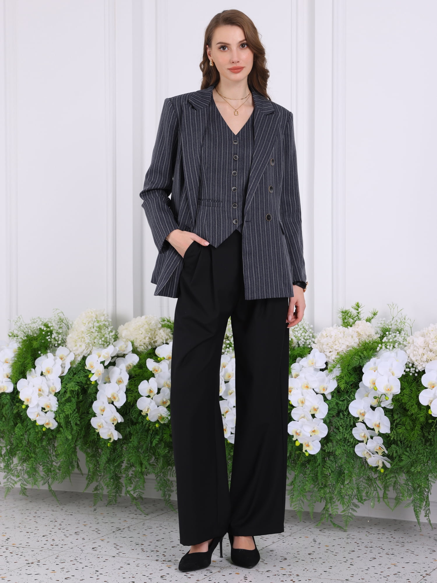 DARING DIVA Women's Double Breasted Vintage Pinstripe Striped Suit Blazer M Blue