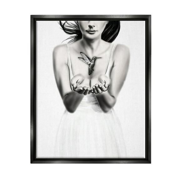 Stupell Industries Girl with Hummingbird Animals & Insects Painting Black Floater Framed Art Print Wall Art, 17 x 21