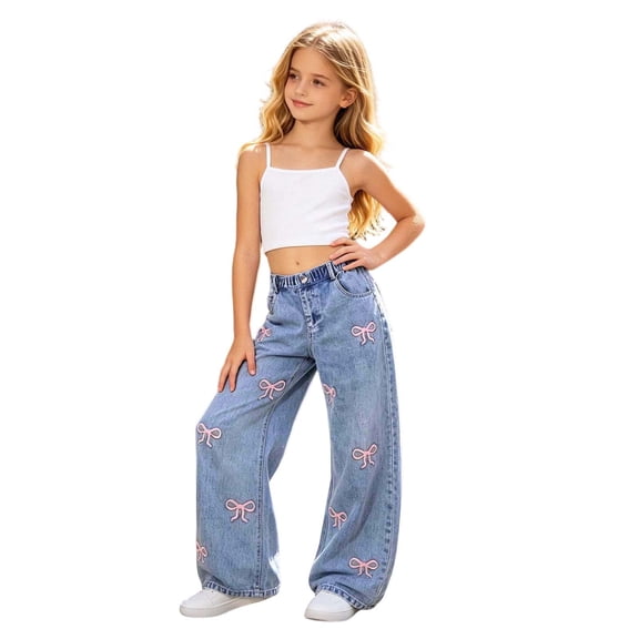 PMVFHDE Girls Casual Denim Pants Loose Straight Leg Wide Trousers For Kids Autumn Daily School Wear Blue,11-12 Years