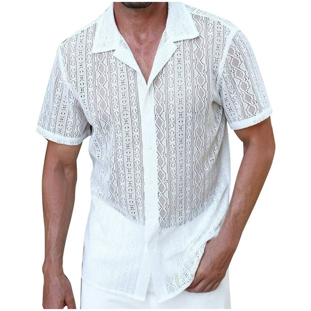 Camisa Elvqul Hombre Casuales Manga Corta Blanco sin Estampado Solapa