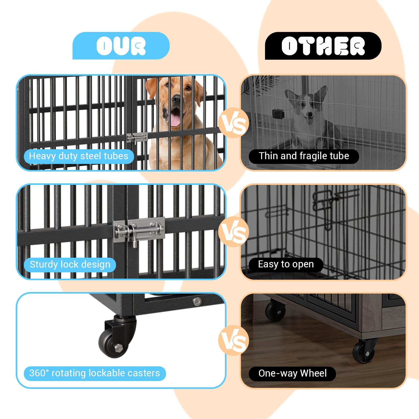 Garvee Heavy Duty Dog Crate, 52 Inch Indestructible Metal Dog Kennel Cage for Large Medium Small Dogs, Indoor Dog Crate with Lockable Wheels and Removable Tray