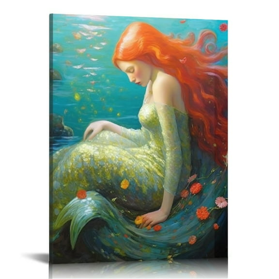 COMIO Mermaid Bathroom Decor Wall Art Blue Ocean Painting Mermaid Pictures for Women Mermaid and Flowers Canvas Prints Modern Home Framed Artwork for Bedroom Living Room