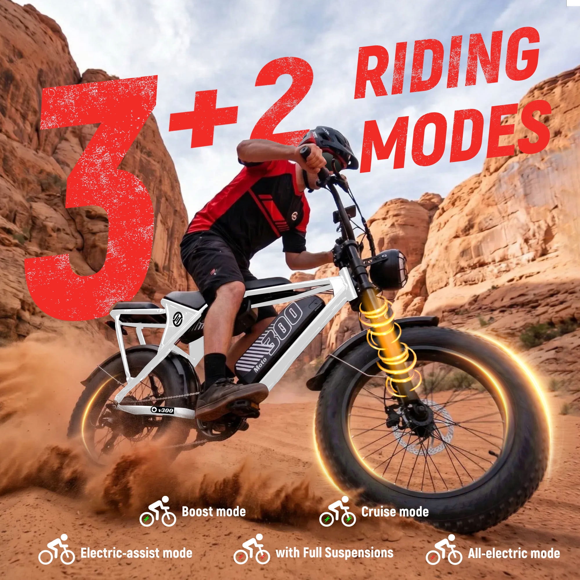 ESKUTE V300 Electric Dirt Bike for Adults & Teens, 48V 41.6Ah Removable Battery, 30+MPH 1500W Motor, NFC Unlock, 20" x 4.0" Fat Tires, 7-Speed White, UL2849