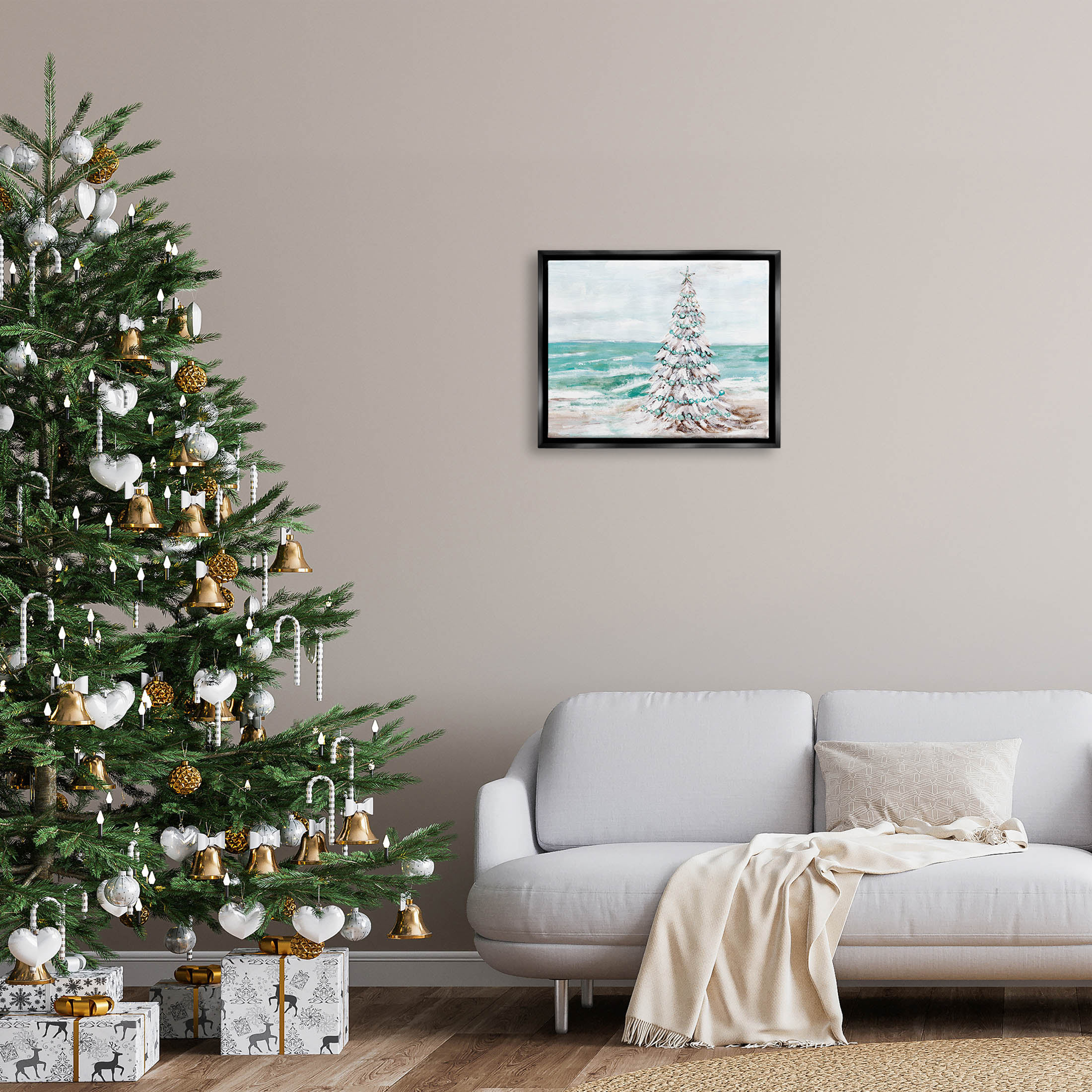 Snowy Christmas Tree Beach Shore Holiday Painting Jet Black Framed Art Print Wall Art