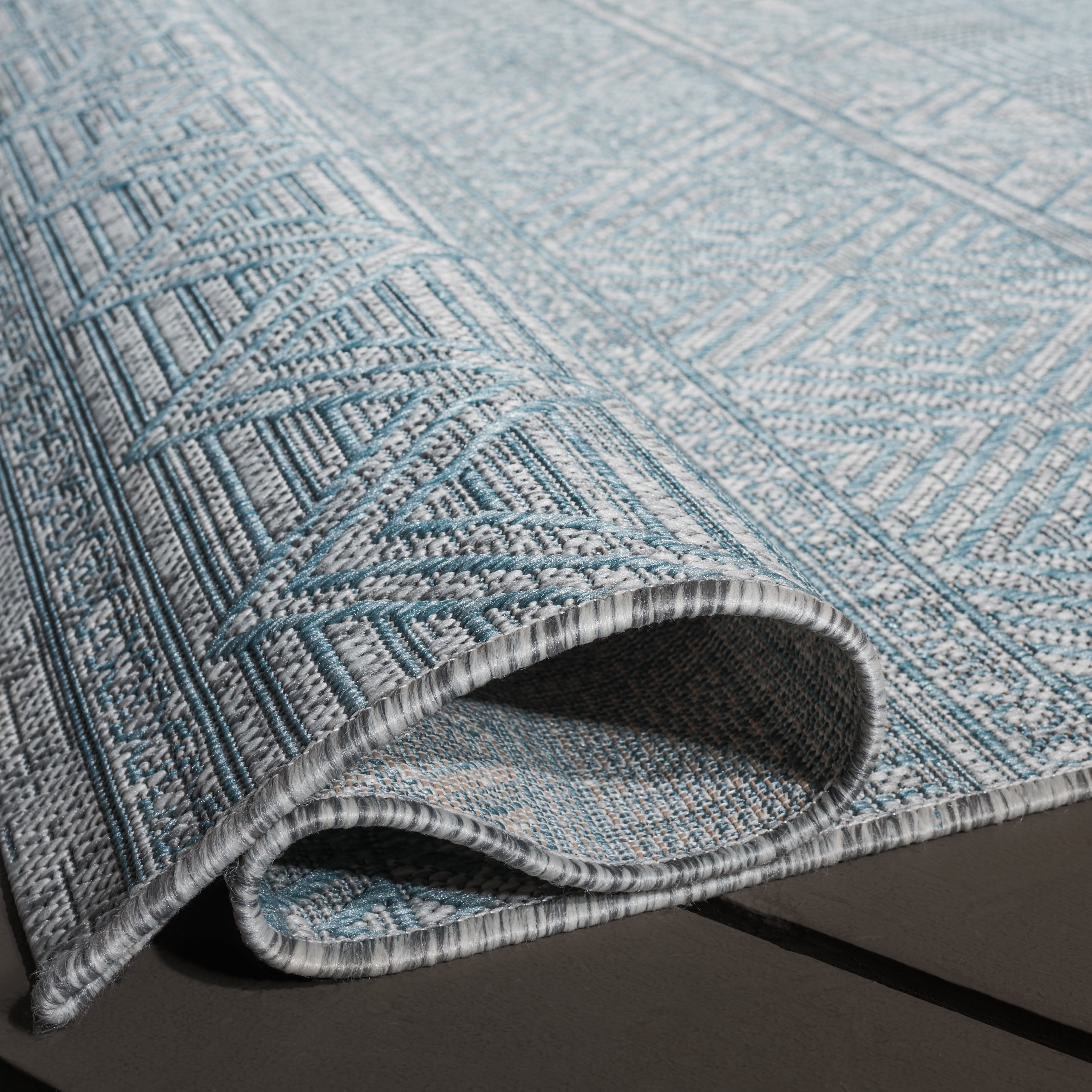 SAFAVIEH Courtyard Altan Geometric Indoor/Outdoor Area Rug, Light Grey/Aqua, 6'7" x 6'7" Square
